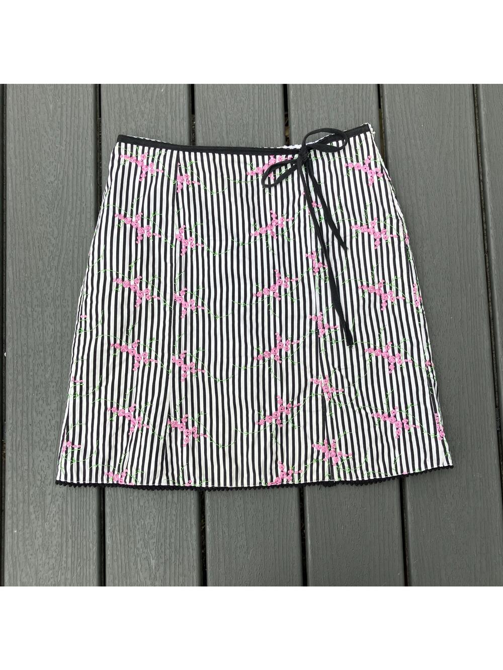 White and black striped skirt with pink floral embroidery, Y2K whimsigoth fairy